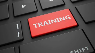 Eğitim kavramı kırmızı bilgisayar girmek düğme 3d render