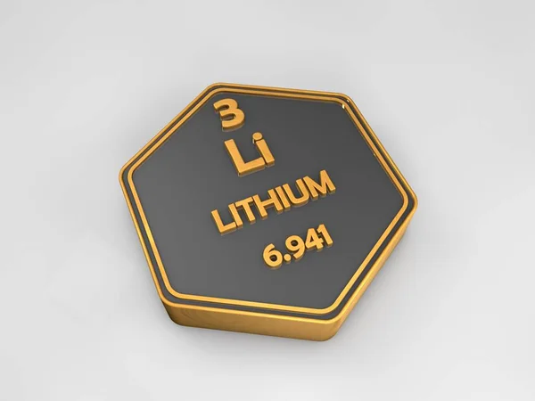 Lithium - Li - élément chimique tableau périodique forme hexagonale illustration 3d — Photo