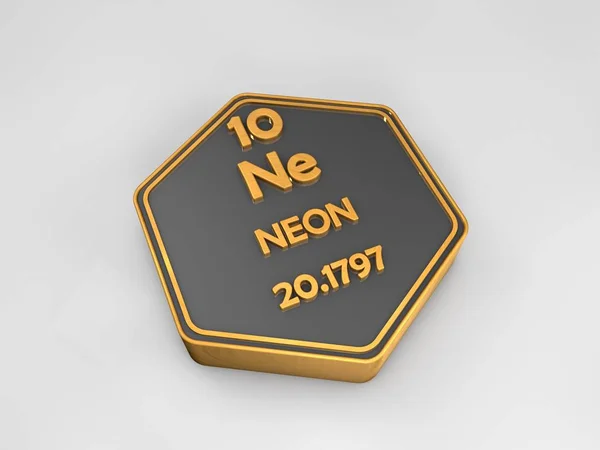Neon - Ne - układ okresowy pierwiastków chemicznych element sześciokątny kształt 3d ilustracja — Zdjęcie stockowe