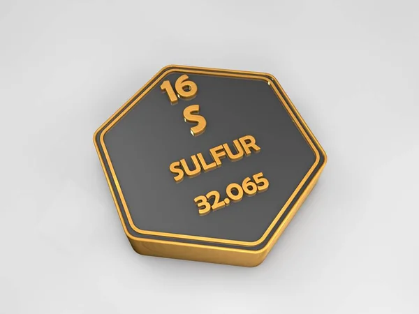Sulfur - S - chemical element periodic table hexagonal shape 3d illustration — Stock Photo, Image