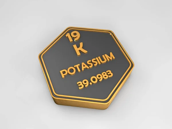 Potasyum - K - kimyasal element periyodik tablo altıgen şekil 3d çizim — Stok fotoğraf