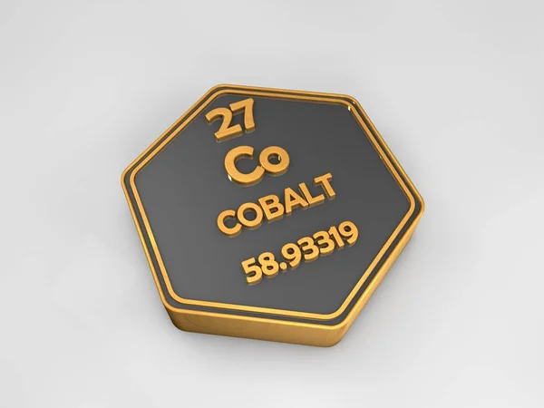 Cobalto - Co - elemento químico tabla periódica forma hexagonal 3d render —  Fotos de Stock