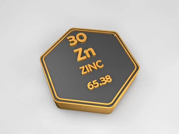 Zinc - Zn - elemento químico tabla periódica forma hexagonal 3d render — Foto de Stock