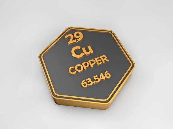 구리-Cu-화학 원소 주기율표 6 각형 모양 3 차원 렌더링 — 스톡 사진