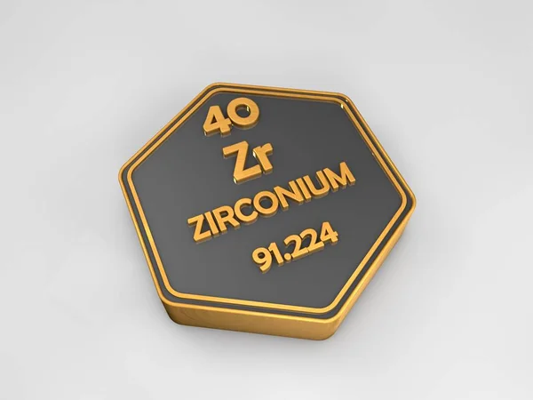 Zirconium - Zr - élément chimique tableau périodique forme hexagonale rendu 3d — Photo