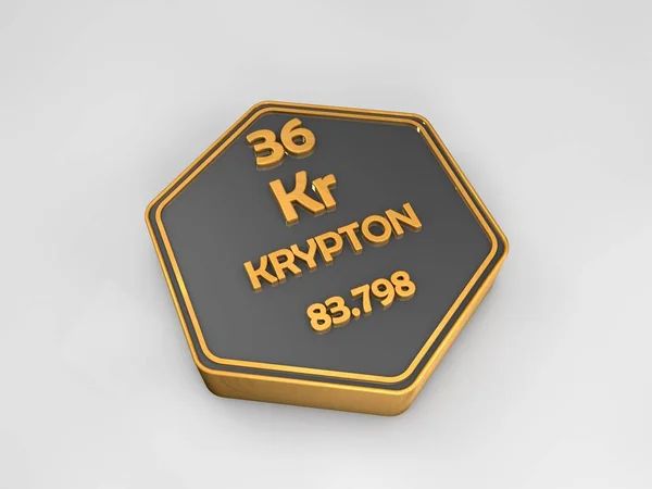 Crypton - Kr - періодична таблиця хімічних елементів шестикутної форми 3d рендеринга — стокове фото