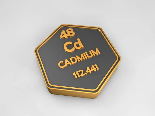 Cadmio - Cd - elemento químico tabla periódica forma hexagonal 3d render —  Fotos de Stock