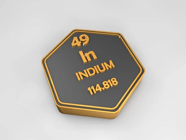 Indium - a - kémiai elemek periódusos hatszögletű alakja 3d render — Stock Fotó