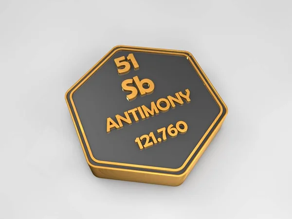 Antimon - Sb - chemický prvek periodické tabulky šestiúhelníkový tvar 3d vykreslení — Stock fotografie