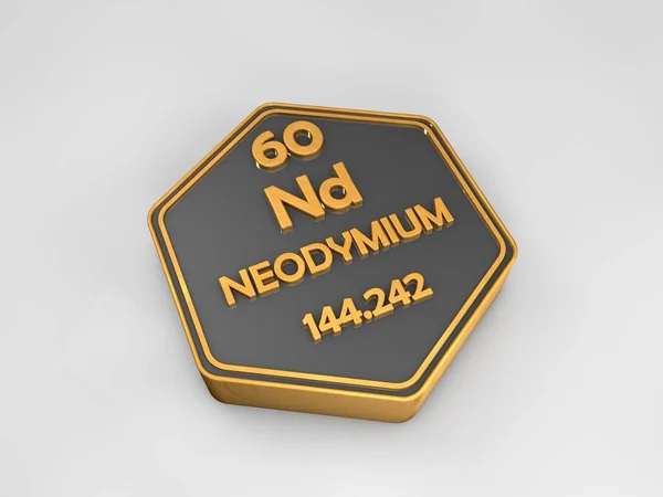 Neodimio - Nd - elemento químico tabla periódica forma hexagonal 3d render —  Fotos de Stock