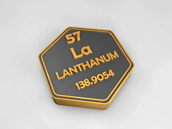 Lanthaum - La - elemento químico tabla periódica forma hexagonal 3d render —  Fotos de Stock