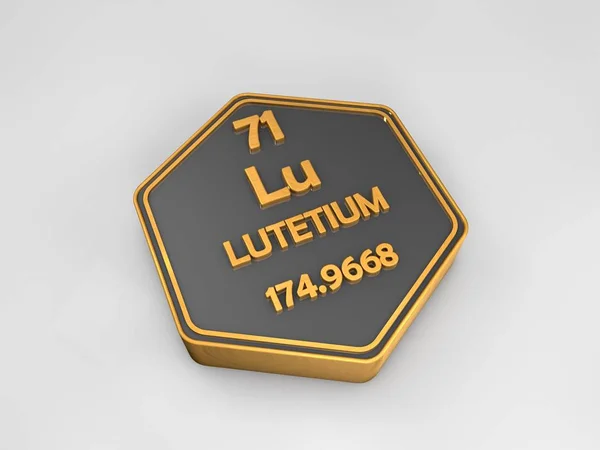 Lutécio - Lu - elemento químico tabela periódica forma hexagonal 3d render — Fotografia de Stock