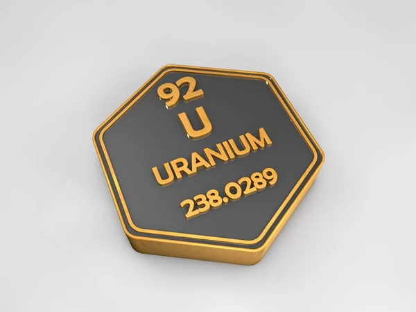 Urán - U - kémiai elemek periódusos hatszögletű alakja 3d render — Stock Fotó