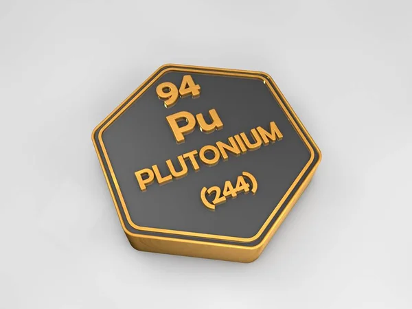Plutonio - Pu - elemento químico tabla periódica forma hexagonal 3d render —  Fotos de Stock