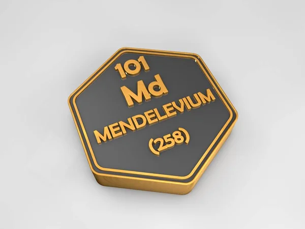 Mendelevium - Md - élément chimique tableau périodique forme hexagonale rendu 3d — Photo