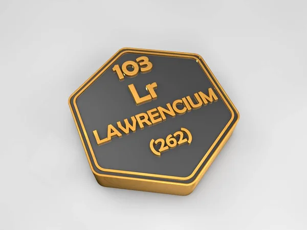 Lawrencium - Lr - elemento químico tabla periódica forma hexagonal 3d render — Foto de Stock