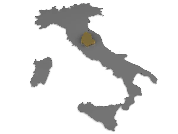 Italia 3d peta logam, whith umbria daerah disorot 3d render — Stok Foto