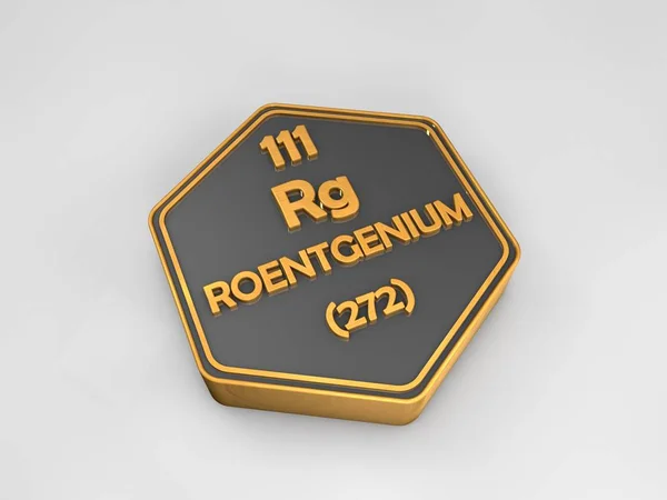Roentgenium - Rg - elemento químico tabla periódica forma hexagonal 3d render — Foto de Stock