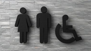 3D tuvalet kadın adam ve beyaz tuğla duvar Engelli işaretleri. 3D render