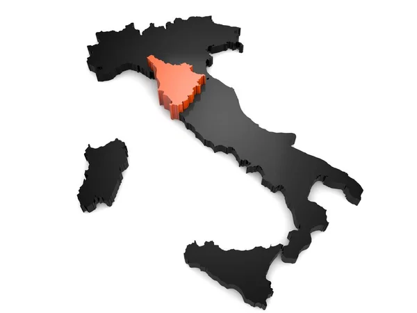 Italia 3d peta hitam dan oranye, whith Umbria daerah disorot 3d render — Stok Foto