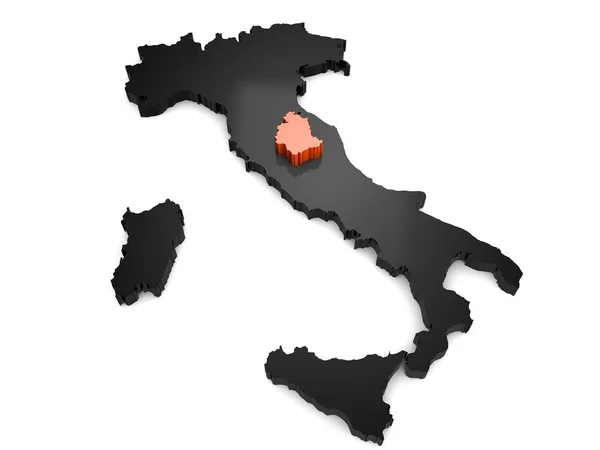 Италия 3d черно-оранжевая карта, область Умбрия выделена 3d рендеринг — стоковое фото