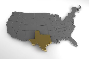 Amerika Birleşik Devletleri, Texas devlet vurgulanmış ile 3d metalik harita. 3D render