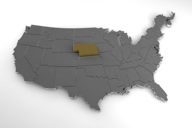 Amerika Birleşik Devletleri, 3d metalik harita, whith Nebraska Eyalet vurgulanır. 3D render