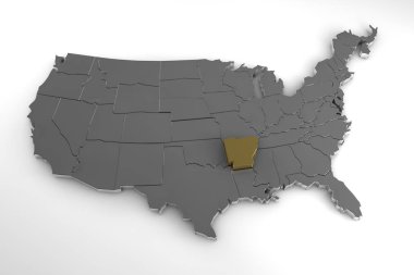 Amerika Birleşik Devletleri, Arkansas Eyalet vurgulanmış ile 3d metalik harita. 3D render