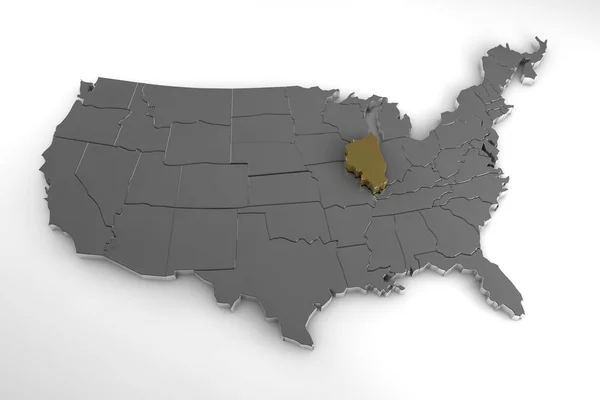 United States of America, 3d metallic map, with Illinois state highlighted. 3d render — Stock Photo, Image