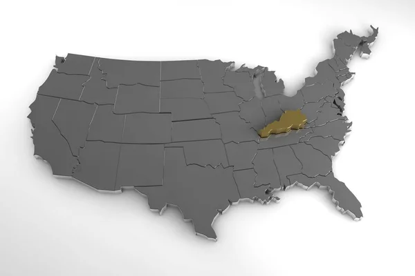 Estados Unidos de América, mapa metálico 3d, con el estado de Kentucky resaltado. 3d renderizar — Foto de Stock
