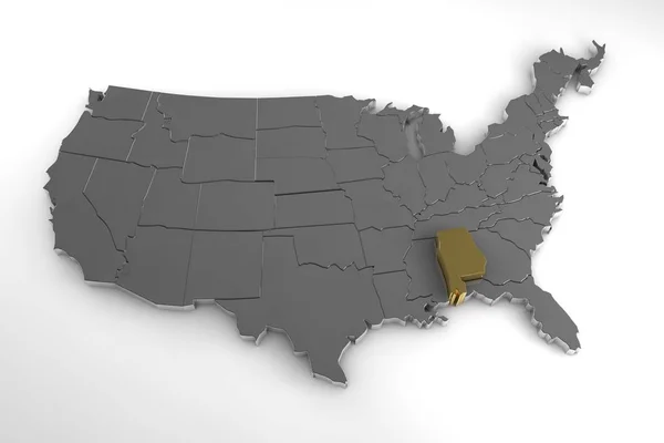 Estados Unidos de América, mapa metálico 3d, con el estado de Alabama resaltado. 3d renderizar — Foto de Stock