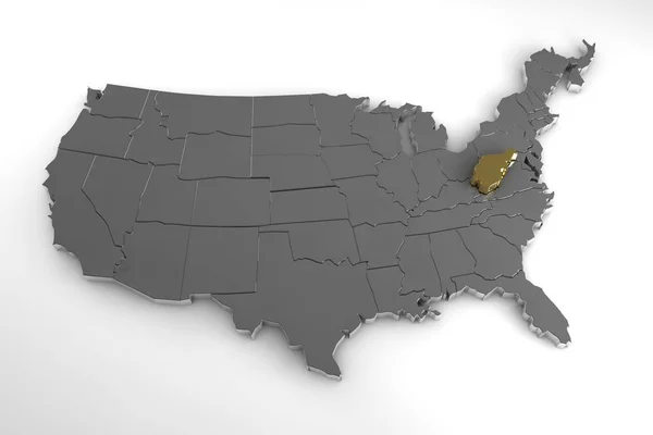 Estados Unidos de América, mapa metálico 3d, con el estado de Virginia Occidental resaltado. 3d renderizar — Foto de Stock