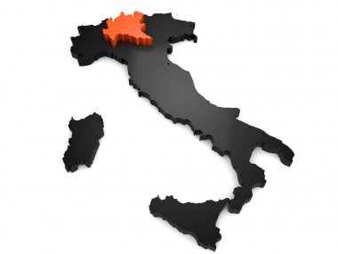 İtalya 3d siyah ve turuncu harita, Lombardy bölgesi vurgulanır. 3D render