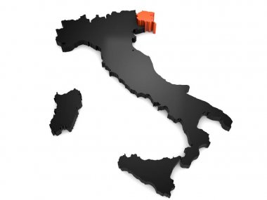 İtalya 3d siyah ve turuncu harita, Friuli Venezia Giulia bölgesinin vurgulanır. 3D render