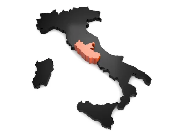 Трехмерная черно-оранжевая карта Италии с выделением региона Лацио. 3D рендеринг — стоковое фото