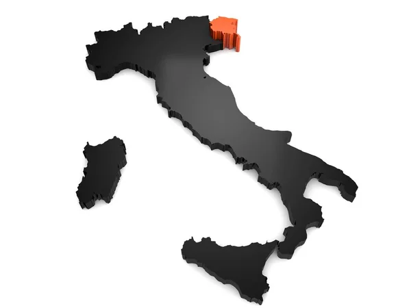 Ιταλία 3d μαύρου και πορτοκαλί χάρτη, με περιφέρεια Friuli Venezia Giulia, τόνισε. 3D καθιστούν — Φωτογραφία Αρχείου