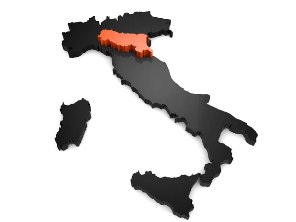 Italia 3d mappa nera e arancione, con Emilia, regione romagna evidenziato rendering 3d — Foto Stock