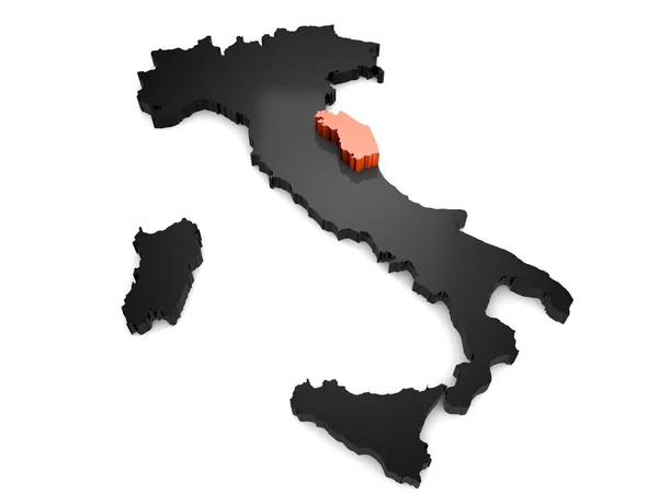 Трехмерная черно-оранжевая карта Италии с выделенным регионом Марке. 3D рендеринг — стоковое фото