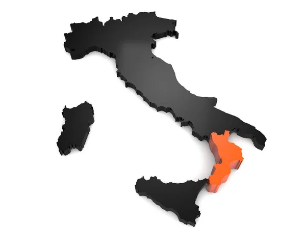 Italia 3d mappa nera e arancione, con Calabria regione evidenziata rendering 3d — Foto Stock