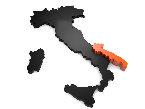 Itálie 3d černá a oranžová mapa s Puglia regionu zvýrazněny 3d vykreslení — Stock fotografie