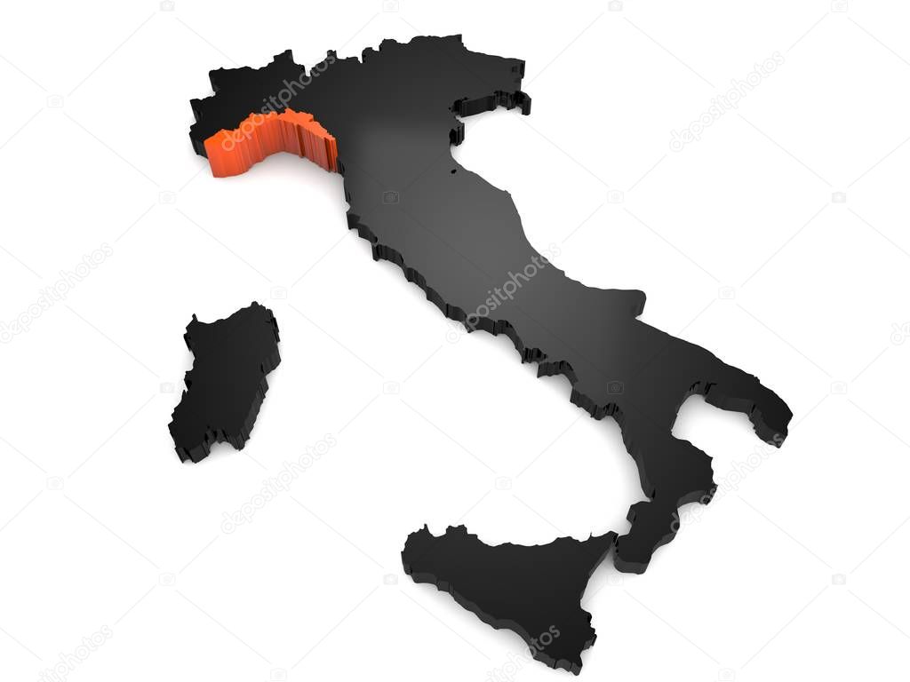 Italy 3d black and orange map, with Liguria region highlighted. 3d render