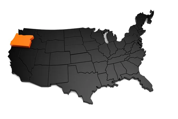 Estados Unidos de América, mapa negro 3d, con el estado de Oregon resaltado en naranja. 3d renderizar — Foto de Stock