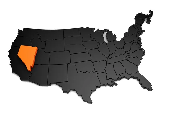 Estados Unidos de América, mapa negro 3d, con el estado de Nevada resaltado en naranja. 3d renderizar — Foto de Stock