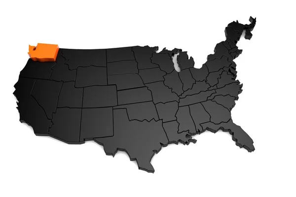 Estados Unidos de América, 3d mapa negro, con el estado de Washington resaltado en naranja. 3d renderizar — Foto de Stock