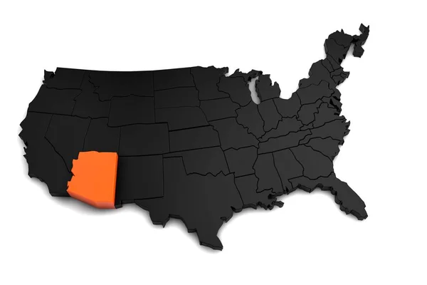Estados Unidos de América, mapa negro 3d, con el estado de Arizona resaltado en naranja. 3d renderizar — Foto de Stock