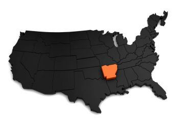 Amerika Birleşik Devletleri, 3d siyah harita, Arkansas Eyalet turuncu renkte vurgulanır. 3D render