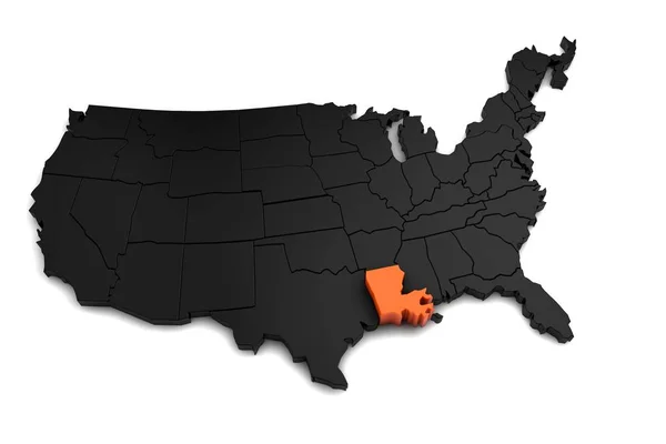 美利坚合众国，3d 黑色地图，路易斯安那州以橙色突出显示。3d 渲染 — 图库照片