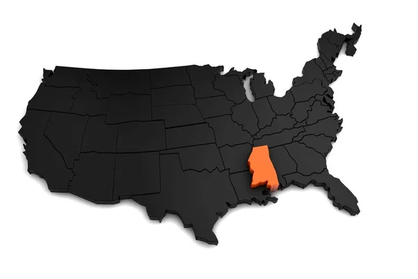 Amerikai Egyesült Államok, 3D-s fekete megjelenítése, a Mississippi állam narancs színnel jelölve. 3D render — Stock Fotó