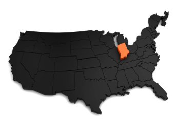 Amerika Birleşik Devletleri, 3d siyah harita, Indiana Eyalet turuncu renkte vurgulanır. 3D render