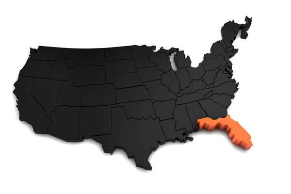Estados Unidos de América, mapa negro 3d, con el estado de Florida resaltado en naranja. 3d renderizar — Foto de Stock